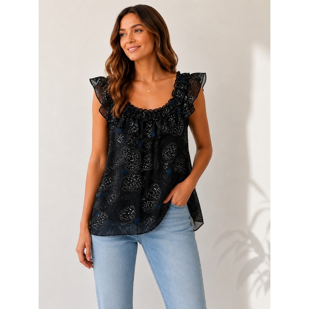 MAX EDITION Ruffle Neck Blouse Chiffon Abstract Print Women‎ M Black Sleeveless